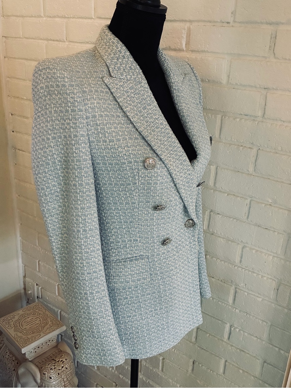 💙 ZARA Double-Breasted Tweed Blazer Jacket - Light Blue EUC XS - Picture 2 of 11